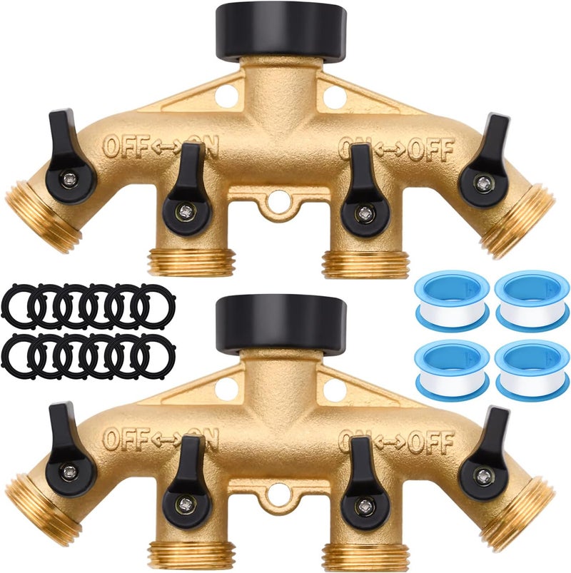 LFSEMINI 2 Pack Hose Splitter, 4 Way Heavy Duty Brass Garden Hose Splitter, for 3/4" Hose Connector, Brass Garden Hose Manifold with Rubber Washers & Tapes(2 pack 4 way) - Image 1